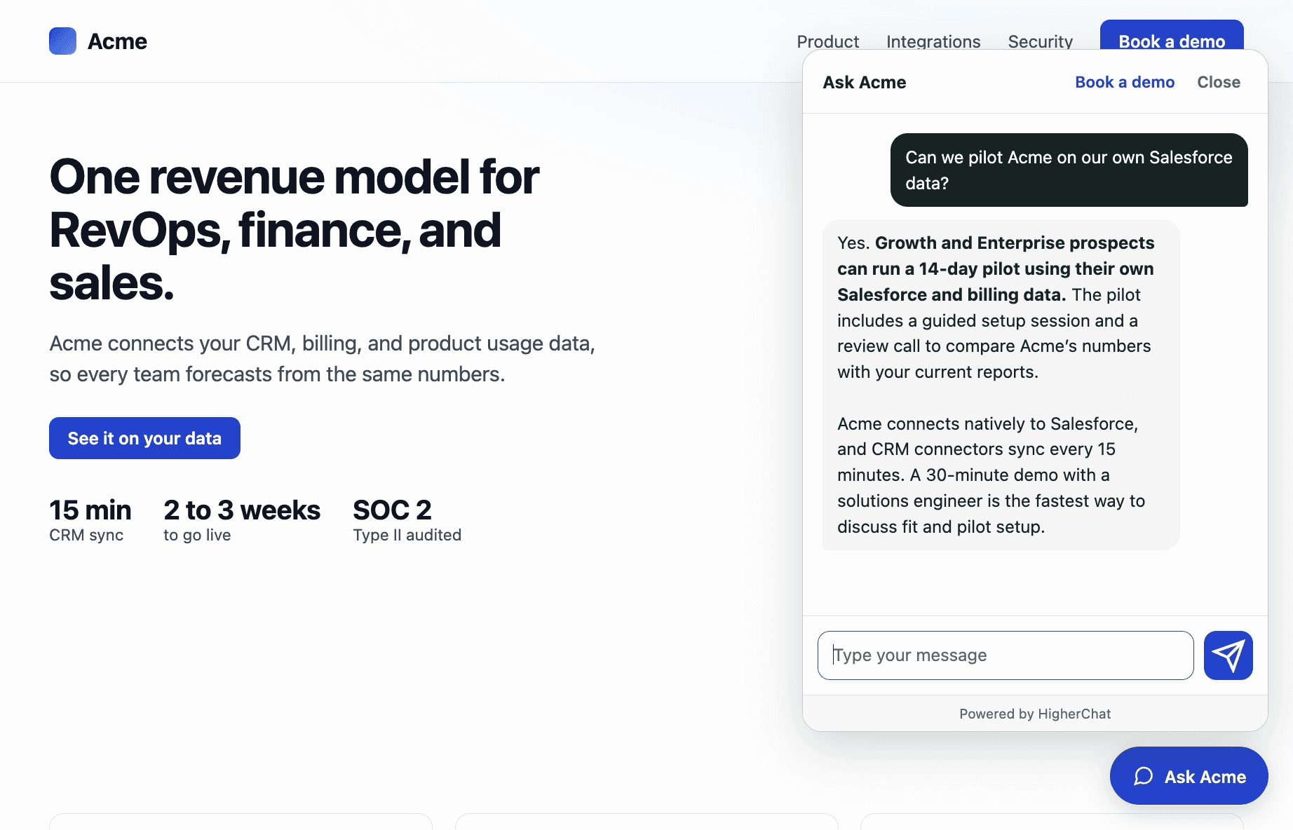 A floating HigherChat conversation overlays the right side of the fictional Acme Inc. page, answering a question about a Salesforce pilot.